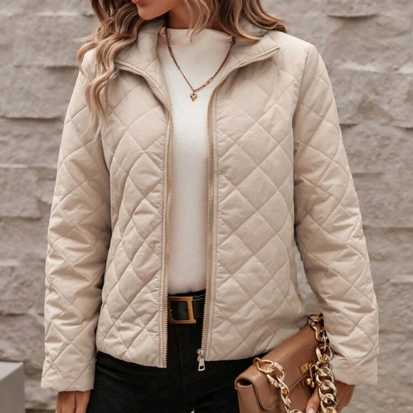Ladies' Thin Padded Diamond Quilted Stand Collar Long Sleeve Padded Coat With Zi - Picture 3 of 4